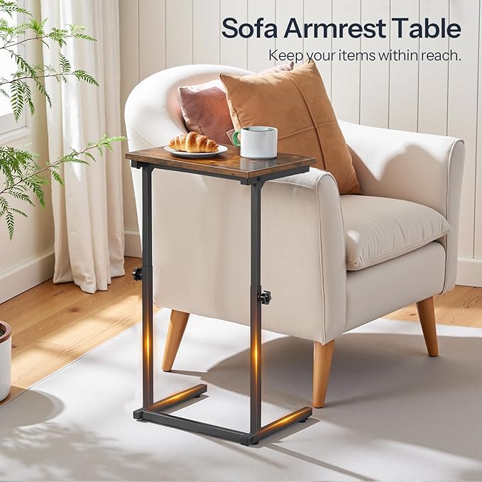 HOOBRO C Shaped End Table, Adjustable Height Side Table for Sofa, Couch Table for Small Space, Slide Under Small Tray Side Table for Living Room, Bedroom, Rustic Brown and Black BF71SF01