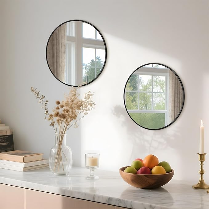 Circle Mirror 16 Inch Black Round Bathroom Mirror Round Bathroom Mirror Circle Mirrors for Wall Decor Frosted Metal Frame Anti-Rust Tempered Glass for Bedroom Living Room Decorative