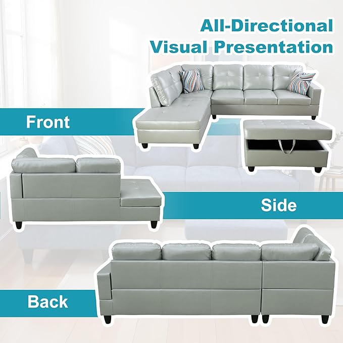 L Shaped Couch PU Leather Sectional Couch Upholstered 3 Pieces Sofas for Living Room with Chaise, Storage Ottoman for Office and Small Apartment, Silver Green