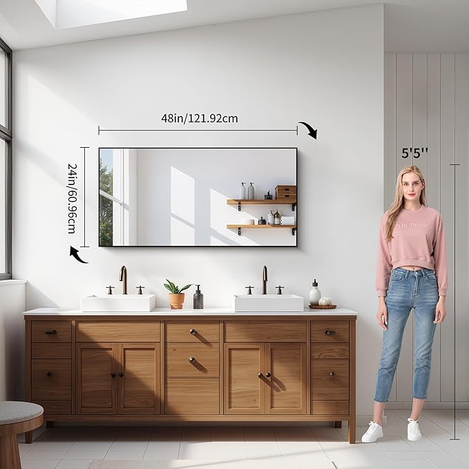 YIROMAN Bathroom Mirror 48"x24", Large Matte Black Bathroom Mirror for Over Sink with Aluminum Frame, Rectangular Vanity Mirror with Right Angle, Wall Mirror Hangs Horizontal or Vertical, Shatterproof