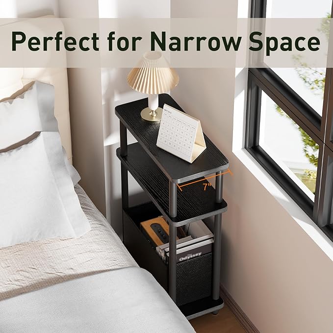 Narrow Side Table with Fabric Basket, 7" Wide, 3 Tier Skinny End Table with Wood Legs, Slim Nightstand/Bedside Table for Small Spaces, with Adjustable Feet, 15.7" L x 23" H