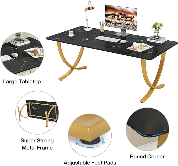 Tribesigns Executive Desk, 63” W x 31.5” D Large Office Desk, Modern Computer Desk Conference Table Meeting Room Table, Business Furniture for Home Office, Black and Gold