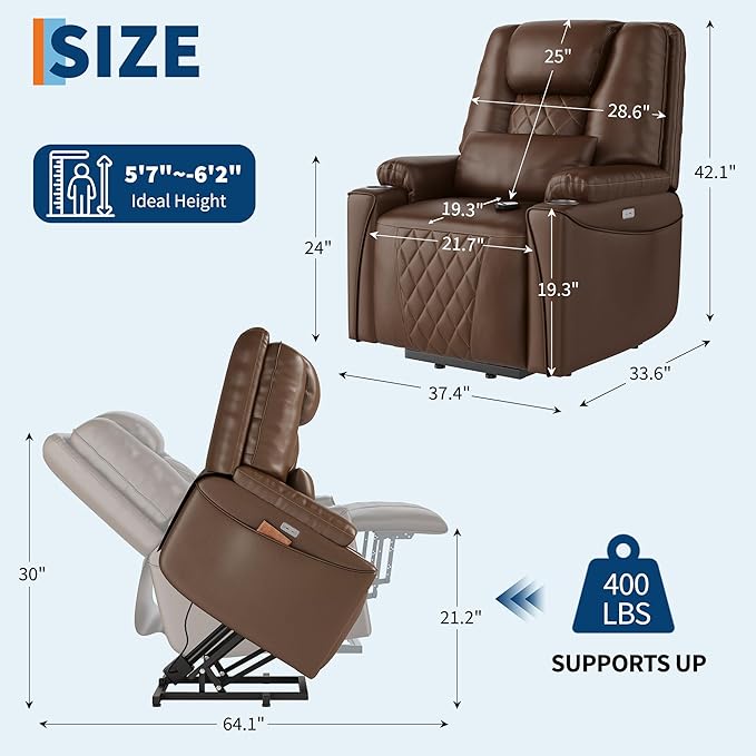 IDEALHOUSE Electric Power Lift Recliner Chair Sofa, Power Lift Chairs for Elderly, 3 Positions, Side Pockets, and Cup Holders, USB Ports, Recliner Chair with Remote for Living Room, Brown