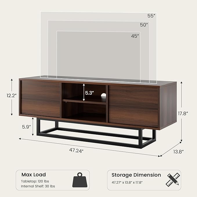 HAIOOU TV Stand for 50 55 Inch TV, Modern TV Console Small Entertainment Center with Sturdy Metal Base, Push-to-Open Doors and Soft-Close Hinges for Living Room, Bedroom - Walnut Brown