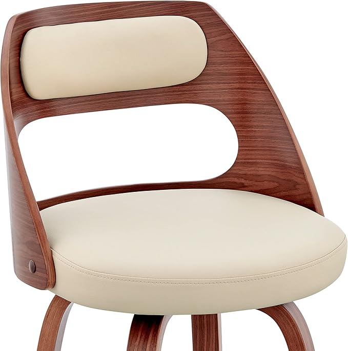 Armen Living Julius Mid Century Modern Swivel Bar Stool for Kitchen Island Counter in Cream Faux Leather and Walnut Wood, 26" Seat Height