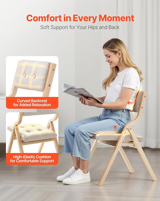 VEVOR Wooden Folding Chairs with Cushion, Set of 2, Portable Foldable Cushion Chair with Wooden Frame, Modern Padded Dining Chair for Kitchen, Office, Wedding, Party, Dining Room, Easy Assembly, Beige