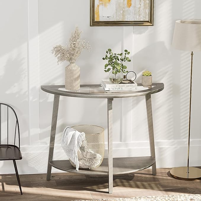 COSIEST 2-Tier Glass Console Table, Semi-Circular MDF Entryway Table with Storage Shelf, Modern Wood Sofa Side Table for Bedroom Living Room Hallway, Antique Silver
