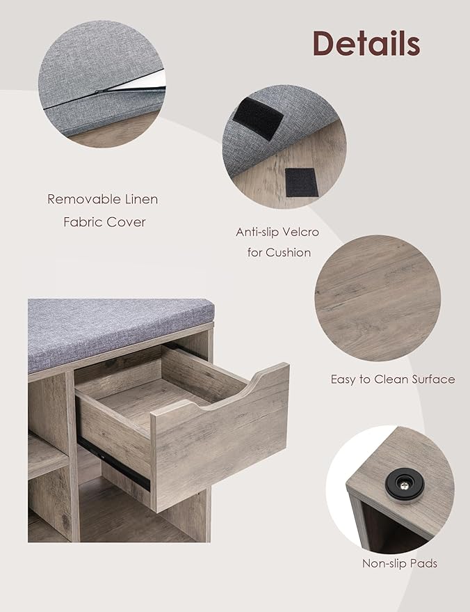 DINZI LVJ Shoe Bench, Entryway Storage Bench with Drawer and 15 Cubbies, Cubby Shoe Rack with Adjustable Shelves, Shoe Organizer Cabinet for Living Room, Bedroom, Mudroom, Closet and Garage, Greige