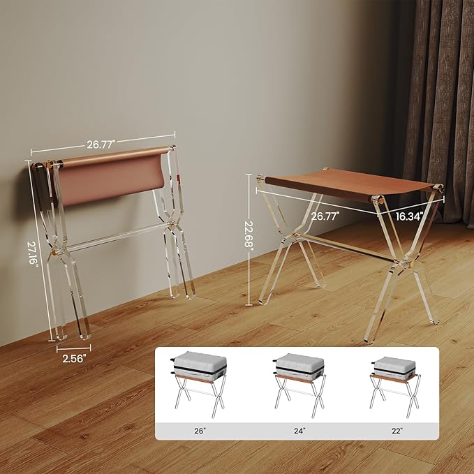 Sumerflos Acrylic Luggage Rack for Guest Room - Foldable Suitcase Stand with Leather Straps for Bedroom Living Room Hotel Heavy-Duty, Holds up to 50-100 lb lightweight Space Saving (Brown(whole) - 1 Pcs)