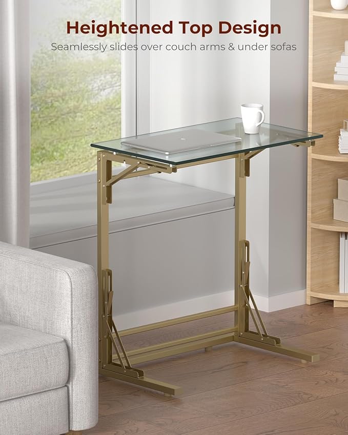 Tatub 24" Folding TV Tray Table, Glass C Shaped End Table for Couch, Small Sofa-Side Laptop Desk with Gold Metal Frame for Living Room, Bedroom, Bedside