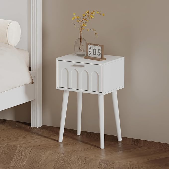 LAATOOREE Nightstand Set of 2, Small Bed Side Table with Arch Door, Mid-Century End Table with Wood Legs for Bedroom, Small Space (White)