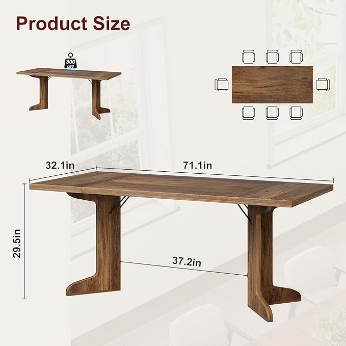 71" Large Dining Table for 6, Farmhouse Kitchen Table with Padded Top and Unique V-Shaped Feet, Rectangular Wooden Dining Table for 8 People for Home, Dining Room, Kitchen, Office, Walnut