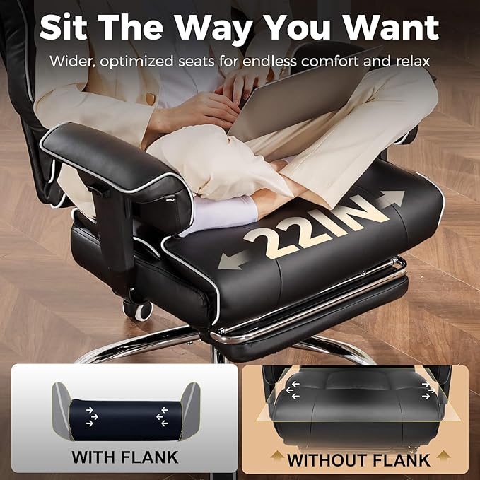 COMHOMA Big and Tall Office Chair 400lbs High Back Gaming Chair with Ergonomic Lumbar Support & Pocket Spring Cushion for Lower Back Pain Relief, Leather Executive Chair with Foot Rest, White/Black