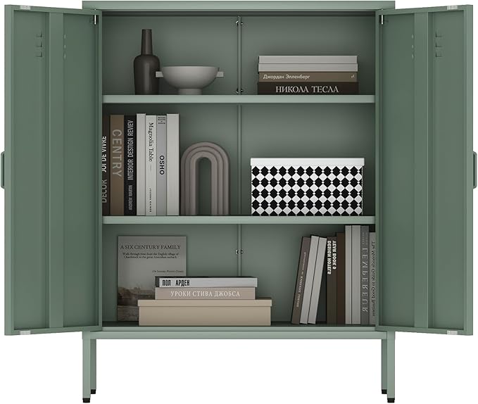 Manhattan Comfort Naomi Modern Metal Accent Cabinet, Minimalist Storage Cabinet with Doors & Adjustable Shelves, Vented Doors, Sturdy Steel Build, Versatile & Multi-Purpose Home Furniture, Green