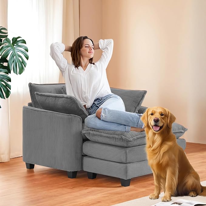 Furniliving Oversized Accent Chair with Ottoman, Luxury Corduroy Single Sofa, Upholstered Deep Seat Chaise Lounge with Pillows for Living Room, Bedroom, Apartment, Grey