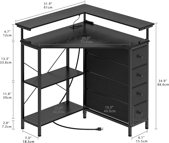 Corner Desk with Drawers Shelves for Small Space 90 Degrees Triangle Computer Desk with Power Outlets,Gaming Desk with LED Lights Monitor Stand for Home Office Workstation Writing Table (Black)