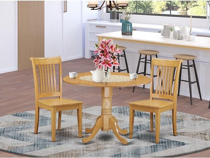 East West Furniture DLPO3-OAK-W 3 Piece Dining Room Furniture Set Contains a Round Kitchen Table with Dropleaf and 2 Dining Chairs, 42x42 Inch, Oak