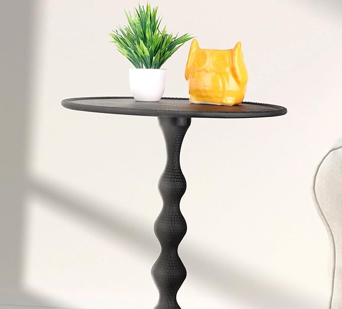 CLEENTABLE Pedestal Round Lightweight Metal Side Table - End Table for Living Room, Bedroom, Balcony - Hammered Top, Easy Assembly, Modern Minimalist Design 21" (Black)
