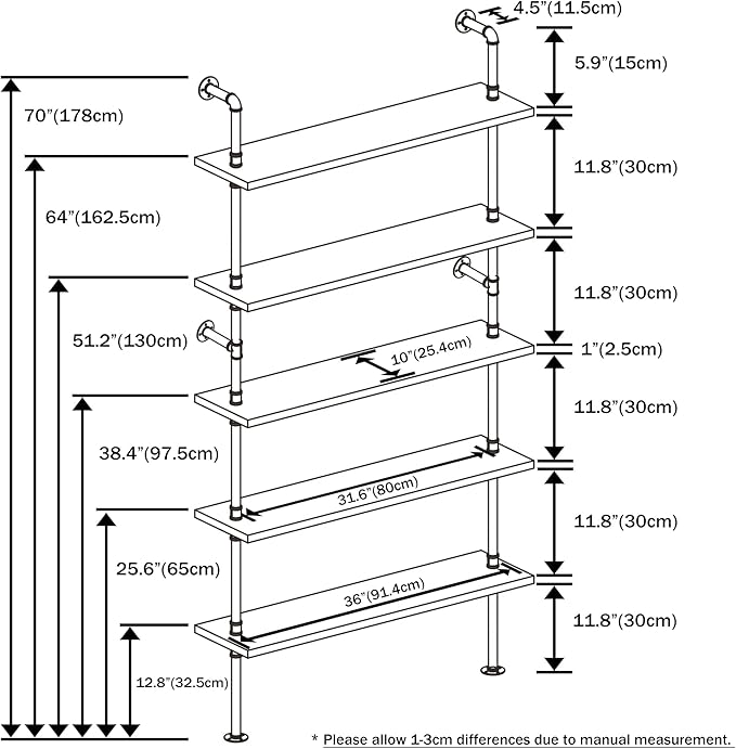 Ladder Pipe Shelves, Wall Mounted Industrial Shelves for Living Room Storage (White, 5 Tier - 10" D x 36" W x 70" H)