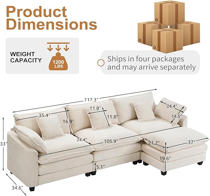 Furniliving 117‘’ L-Shaped Sofa, Luxury Corduroy Modular Sectional Couches with Ottoman, Upholstered Deep Seat Sleeper Sofa with Memory Foam and Waist Pillows, Beige