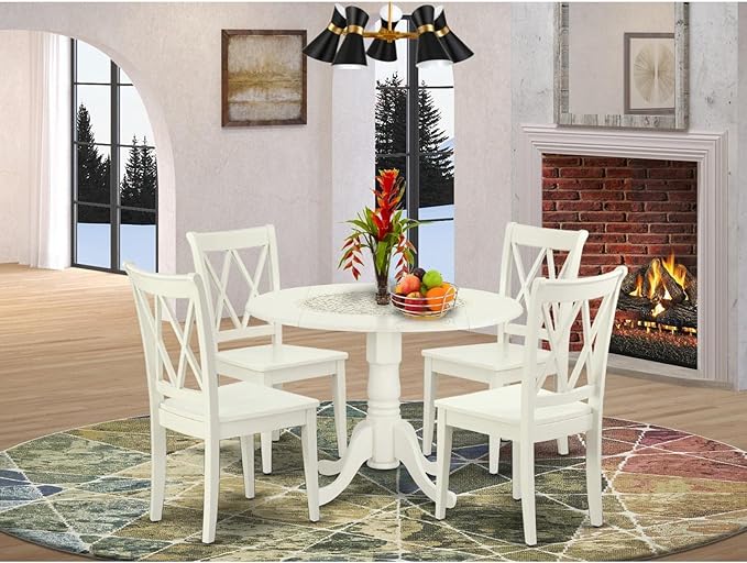 East West Furniture DLCL5-LWH-W 5 Piece Dining Set Includes a Round Dining Room Table with Dropleaf and 4 Wood Seat Chairs, 42x42 Inch, Linen White