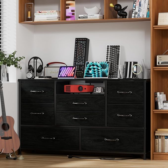 Furnulem Dresser TV Stand with Power Outlet for 55'' Long TV, Entertainment Center with 8 Deep Drawers,Wide Chest of Drawer for Storage in Bedroom,Closet,Living Room,Hallway(Black Oak)