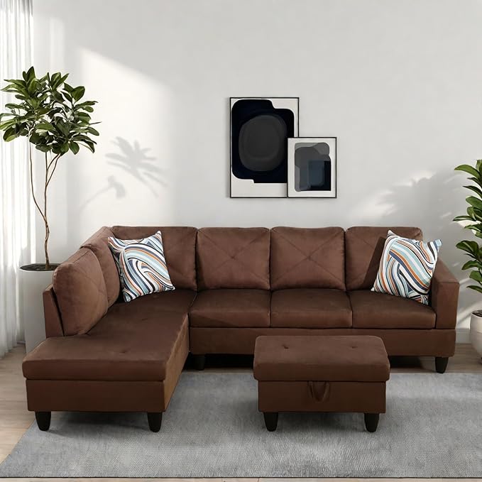 Modern Living Room Furniture Sets with Pillows, Modular Sectional Couches with Chaise Lounge, 4-Seaters L Shape Sofa with Storage Ottoman, for Living Room, Microfiber, Brown
