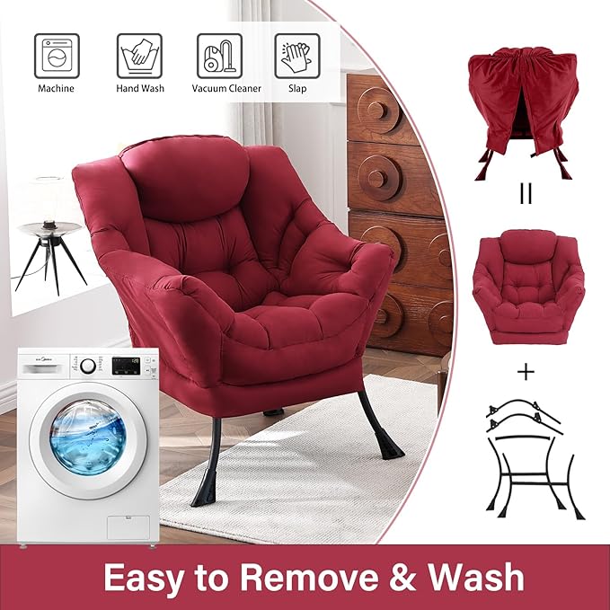 Lazy Chair, Reading Armchair, Large Modern Lounge Accent Chair, Leisure Sofa Chair for Living Room, Bedroom, Dorm Room (Burgundy)