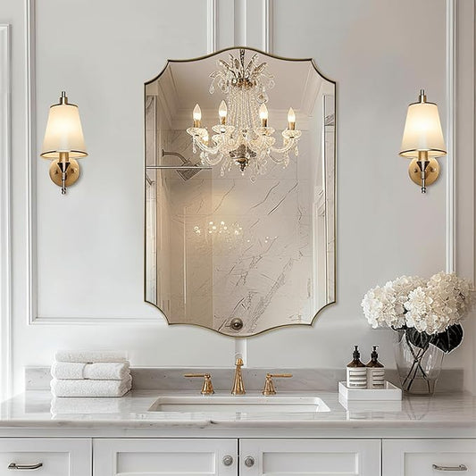 Gold Bathroom Mirror, Irregular Wall Mirror, Asymmetrical Mirror with Anti-Rust Metal Frame, 24x36 Gold Mirrors for Wall Decor, Bedroom, Dining Room, Powder Room, Entryway, Mantel, Foyer