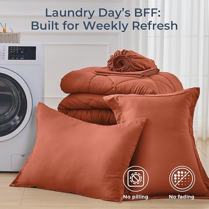 HEVUMYI Burnt Orange Twin Comforter Set - 5-Piece All Season Bed in a Bag Twin, Ultra Soft Bedding Set with Comforter, Flat Sheet, Fitted Sheet, Pillowcases, Pillow Shams