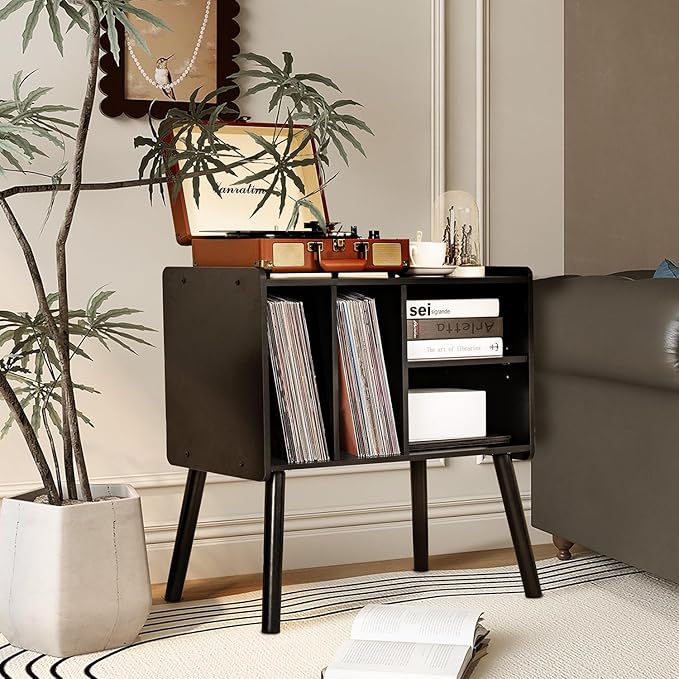 Record Player Table, Mid-Century Record Player Stand with Vinyl Storage Hold Up to 150+ Albums, Vinyl Record Cabinet with Adjustable Shelves, Wood Turntable Stand for Music Living Room (Black)