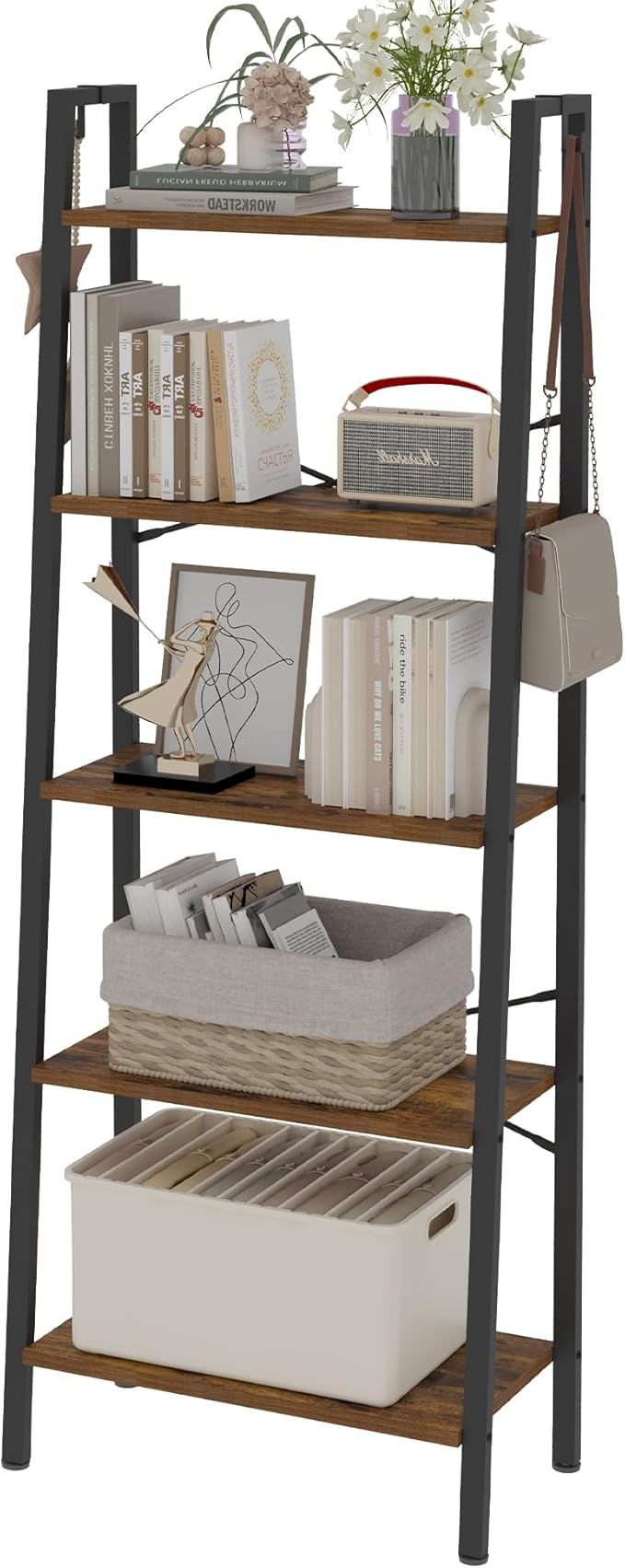 Ladder Shelf, Bookshelf Bookcase, Freestanding Corner Storage Shelve with 2 Hooks for Home Office, Living Room, Kitchen, Bedroom, Industrial, 5-Tier Rustic Brown BC19301B