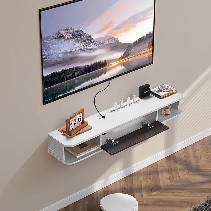 VEVOR Floating TV Stand, 47'' Wall Mounted TV Console Modern Floating Entertainment Center Under TV Shelf with Storage Cabinet, for Bedroom & Living Room, White