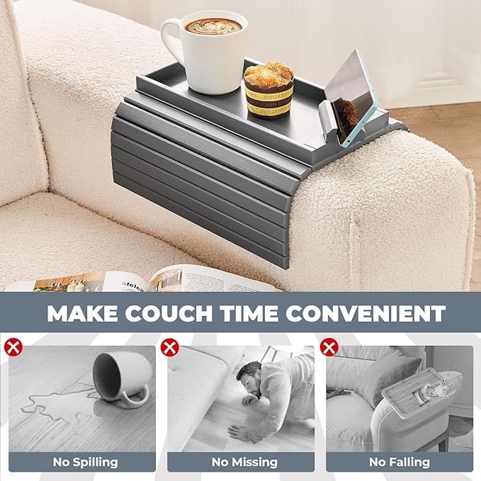 Bamboo Sofa Arm Tray, Anti Falling Couch Arm Tray Armrest Table with 360° Rotating Phone Holder, Foldable and Portable Sofa Armrest Trays Cup Holder for Drink,Cups, Phone, Snacks, Remote