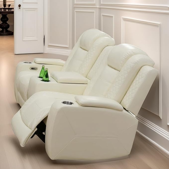 Loveseat Recliner Sofa, Reclining Loveseat Leather Couch with Storage Console, Modern Comfy Home Theater Seating Power Recliner Chair with Cup Holders for Living Room Furniture Sets, White