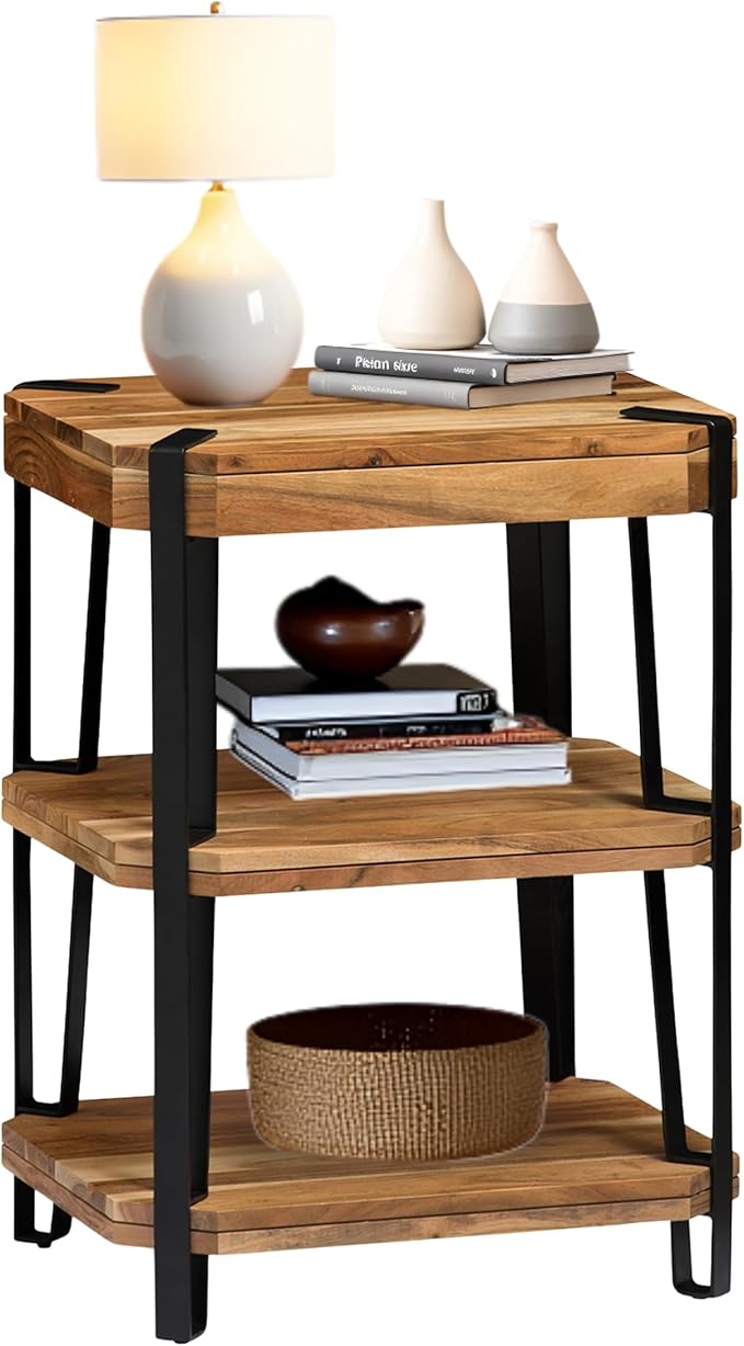 Ryegate 3-Tier End Table with Storage “ Live Edge Solid Acacia Wood Side Table with Industrial Metal Frame and 2 Open Lower Shelves for Living Room, Bedroom, Entryway by Alaterre Furniture