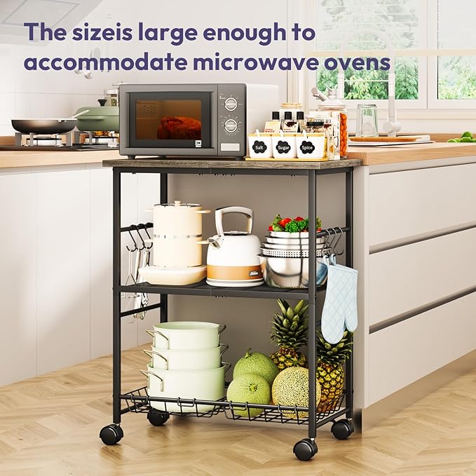 SWTYMIKI Rolling Kitchen Microwave Cart - 3 Tier Microwave Table Stand with Storage Basket and Hooks, Kitchen Utility Cart on Wheels, Coffee Cart Shelf Rack Organizer for Living Room Office, Balcony