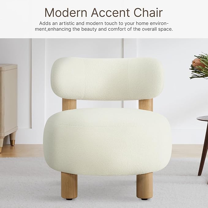 Modern Boucle Accent Chair, with Plush Faux Sherpa Upholstery, Curved Backrest, Solid Wood Legs for Living Room Bedroom Reading Nook, 27.5", White