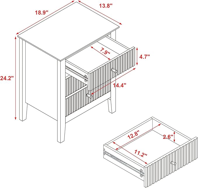 OCANDO White Bed Side Table with 3 Drawers 19" W, Bedroom Nightstand 24" H,Vintage Modern Night Stand,Living Room Fluted End Bedside Tables