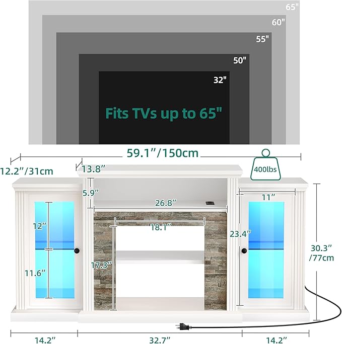 YITAHOME Modern TV Stand for 65 Inch TV, LED Entertainment Center with Power Outlets, Media Console TV Cabinet with Adjustable Shelves & Glass Door for Living Room, White, 59'' TV Stand