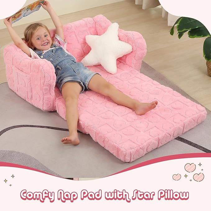 Extra Wider Seating Toddler Couch, 2-in-1 Toddler Soft Couch Fold Out with Star Pillow, Convertible Sofa to Lounger for Girls and Boys, Pink Heart