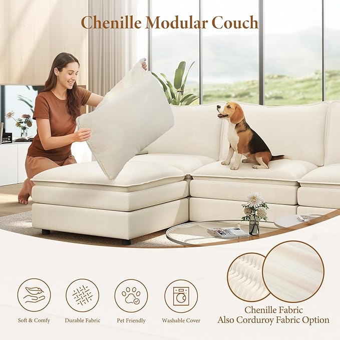 Vesgantti Large Modular Sectional Sofa, Big Comfy Cloud Couch with Ottoman Deep Seat Chenille Cloud Sofa, 8 Seater Large Sectional Couches for Living Room, Bedroom and Apartment, Beige