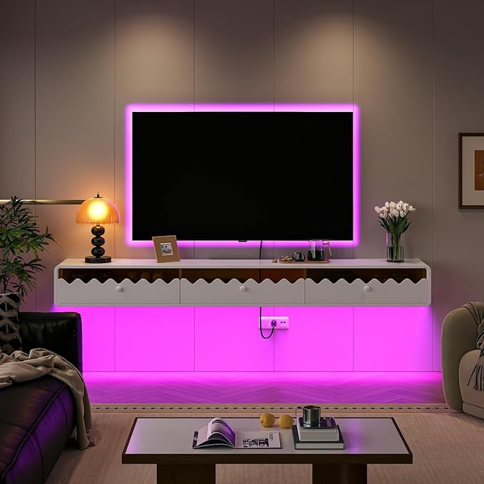 Floating TV Stand, 70IN Fully-Assembled Wall Mounted Wave Glass with Flip-Down Door & Drawers, Modern Media Entertainment Console Under TV Shelf for Livingroom
