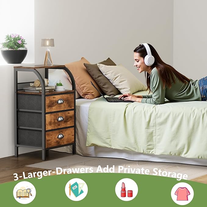 Night Stand Nightstand with Drawer Nightstands Storage Night Stands 3 Drawers Bedside Dresser Table Open Shelves Small Bed Side End Tables Fabric Cabinet for Bedroom Living Room Furniture