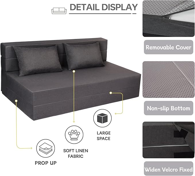 Folding Sofa Bed, Foldable Bed Sleeper Chair with Pillow, Convertible Sofa Bed with Washable Cover, Fold Out Couch,Futon Couch for Living Room, Dorm, Guest Room, Queen Size, Dark Grey