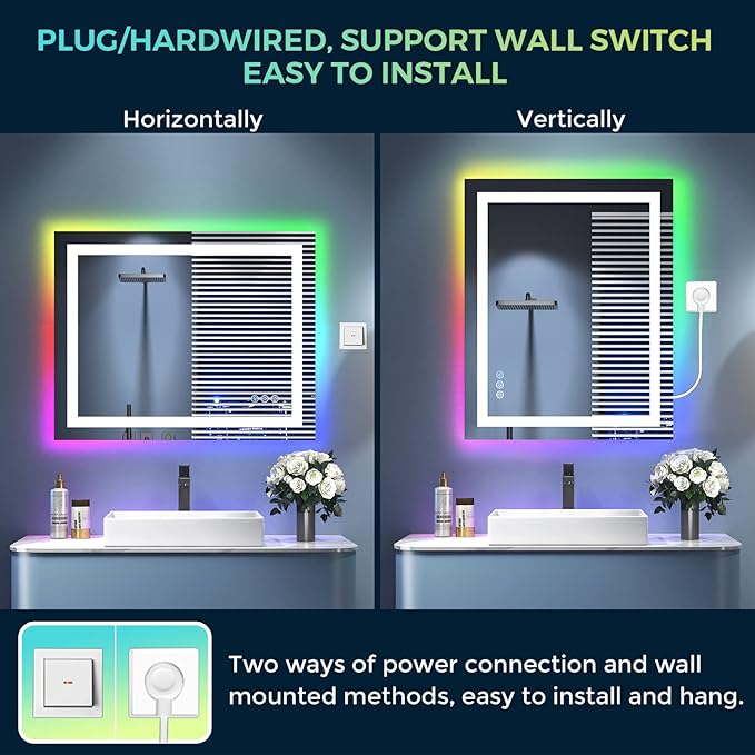 36x30 Inch RGB LED Bathroom Mirror Front Light and RGB Backlit Lighted Vanity Mirror for Bathroom Wall Mounted Dimmable Anti Fog Memory Shatter-Proof IP54 Waterproof Horizontal/Vertical