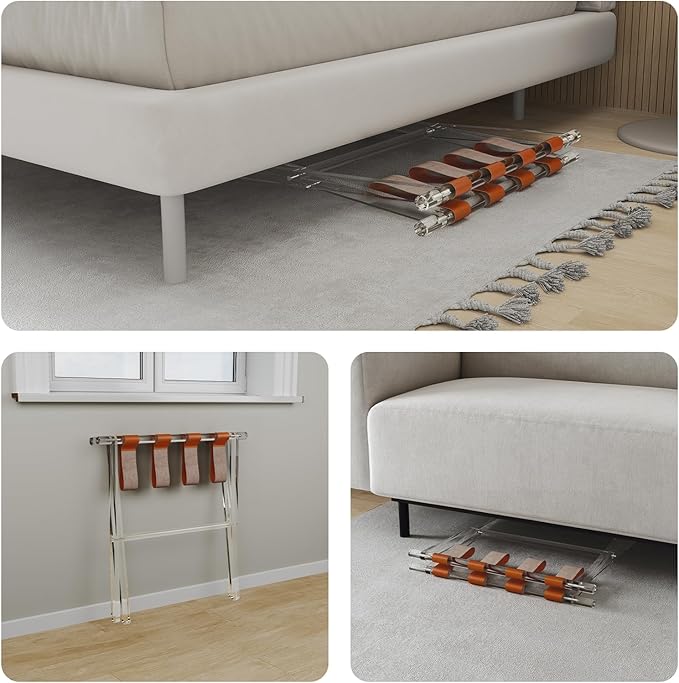 Sumerflos Acrylic Luggage Rack for Guest Room - Foldable Suitcase Stand with Leather Straps for Bedroom Living Room Hotel Heavy-Duty, Holds up to 50-100 lb lightweight Space Saving (Orange & Handle - 1 Pcs)
