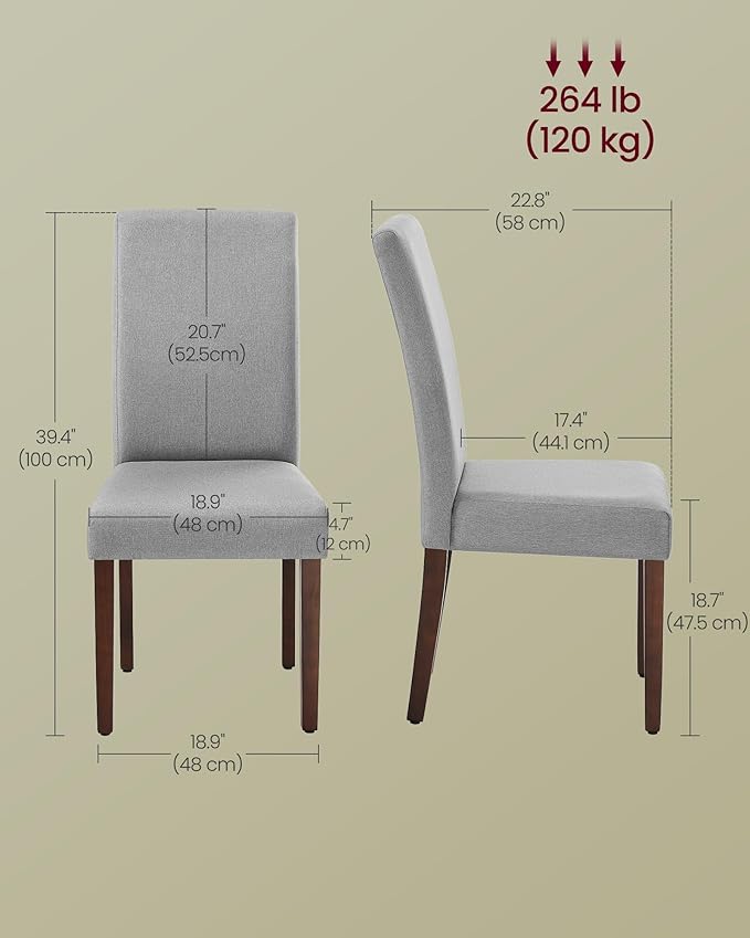 VASAGLE Dining Chairs, Parsons Chairs with Removable Fabric Cover, High Back, for Dining Room Kitchen, Set of 2, Thick Seat, 22.8 x 18.9 x 39.4 Inches, Dove Gray UKDC152G01