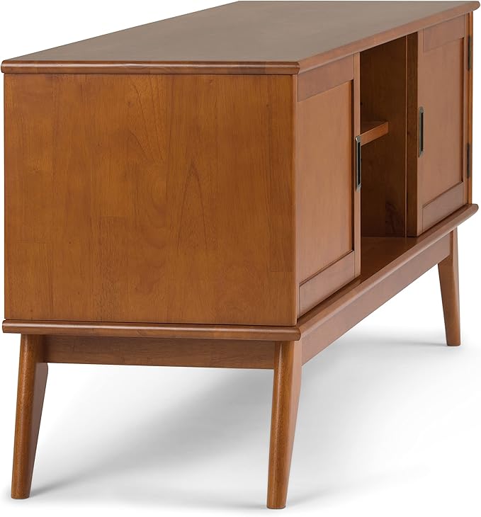 SIMPLIHOME Draper SOLID HARDWOOD 60 inch Wide Mid Century Modern TV Media Stand in Teak Brown For TVs up to 65 inches for the Living Room and Entertainment Center