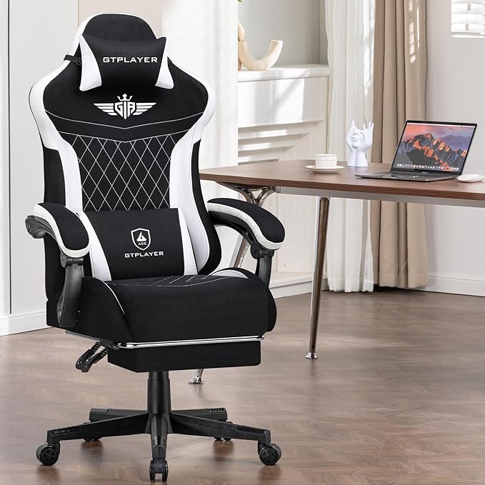 GTPLAYER Gaming Chair, Video Game Chairs with Footrest and Lumbar Support, Computer Chair for Adults with Extended Backrest, Ergonomic Reclining Silla Gamer, Fabric, Black